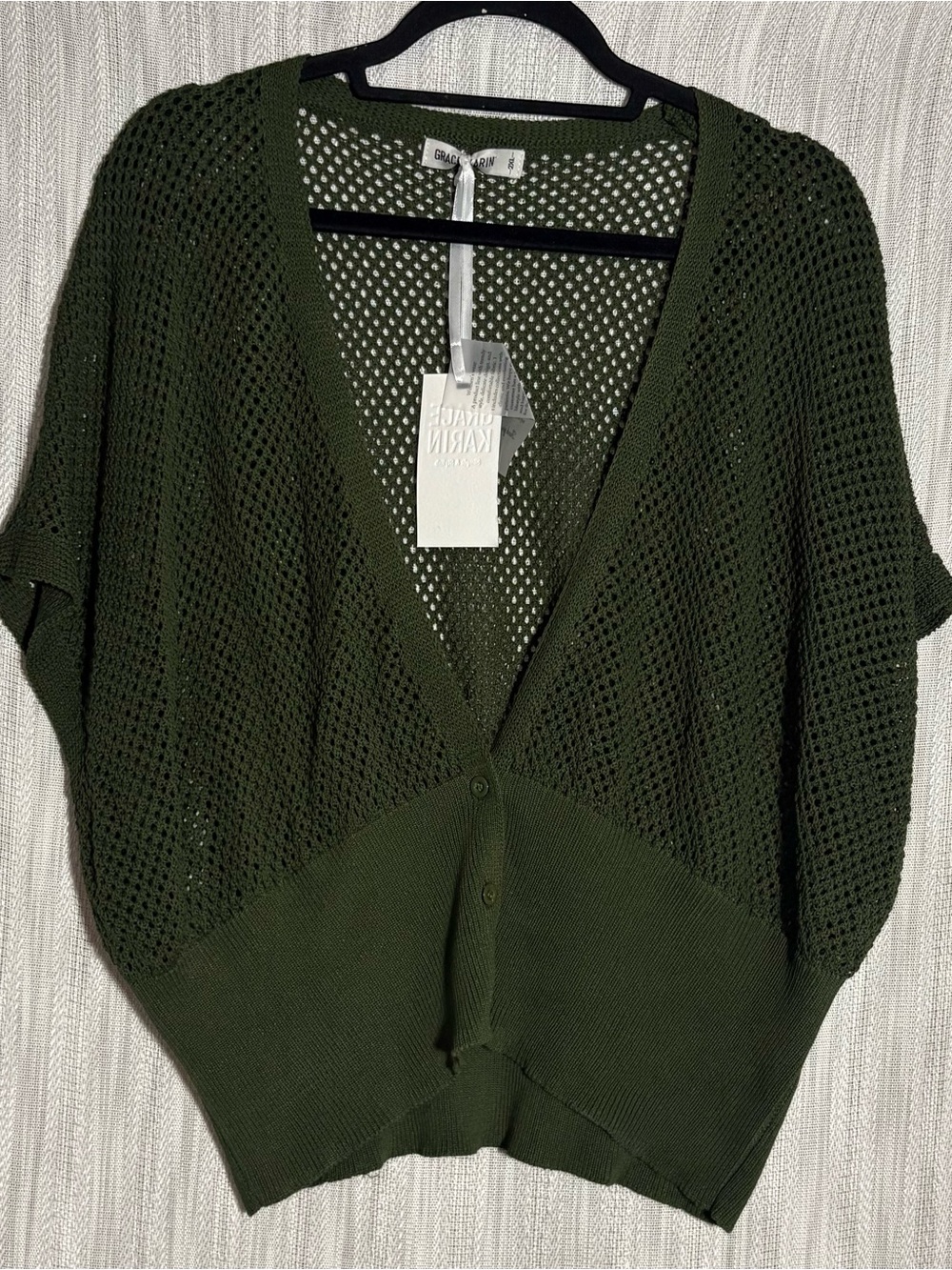 Olive Green Open-Knit V-Neck Sweater Cardigan